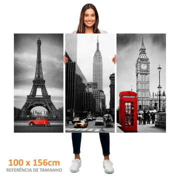 Kit 3 quadros panorâmicos - Detalhes de Paris, Nova Iorque e Londres