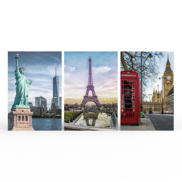 Kit 3 quadros retangulares  -  Nova Iorque, Paris e Londres 