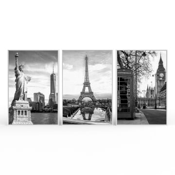 Kit 3 quadros retangulares - Nova Iorque, Paris e Londres Preto e Branco