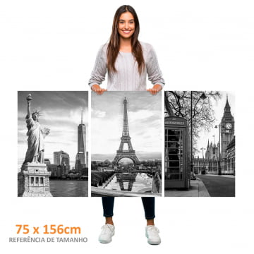 Kit 3 quadros retangulares - Nova Iorque, Paris e Londres Preto e Branco