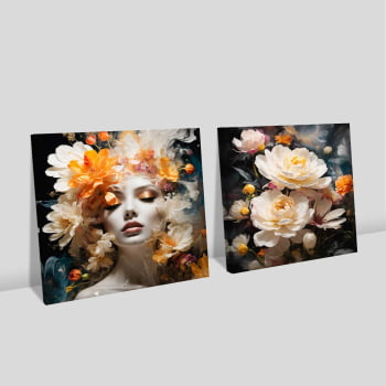 Kit 2 quadros quadrados - Mulher e flores brancas