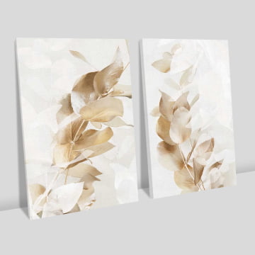 Kit 2 quadros retangulares - Duo delicadas folhas douradas