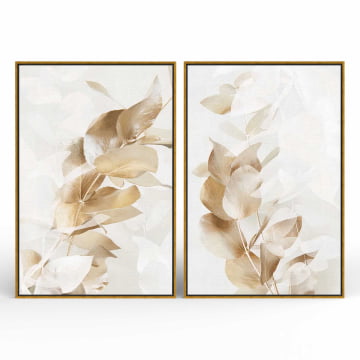 Kit 2 quadros retangulares - Duo delicadas folhas douradas
