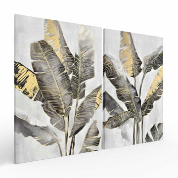 Kit 2 quadros retangulares - Duo folhas de bananeira com detalhes dourados