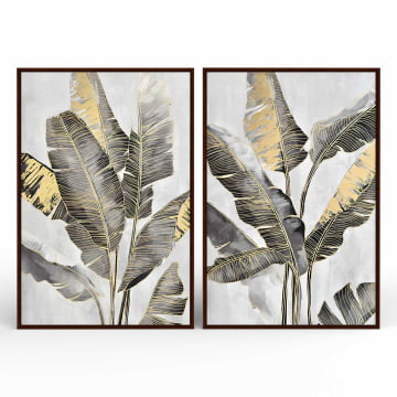 Kit 2 quadros retangulares - Duo folhas de bananeira com detalhes dourados