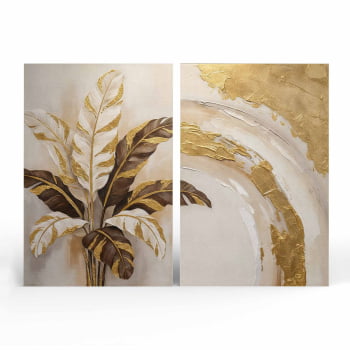 Kit 2 quadros retangulares -Duo Folhas de bananeira em Ouro