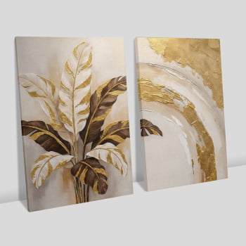 Kit 2 quadros retangulares -Duo Folhas de bananeira em Ouro