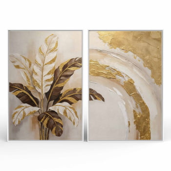Kit 2 quadros retangulares -Duo Folhas de bananeira em Ouro