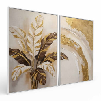 Kit 2 quadros retangulares -Duo Folhas de bananeira em Ouro