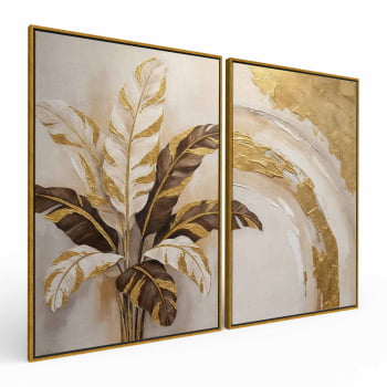 Kit 2 quadros retangulares -Duo Folhas de bananeira em Ouro