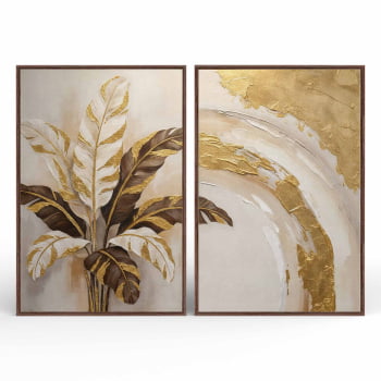 Kit 2 quadros retangulares -Duo Folhas de bananeira em Ouro