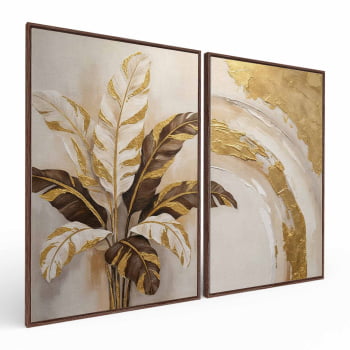 Kit 2 quadros retangulares -Duo Folhas de bananeira em Ouro
