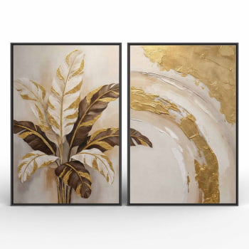 Kit 2 quadros retangulares -Duo Folhas de bananeira em Ouro