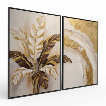 Kit 2 quadros retangulares -Duo Folhas de bananeira em Ouro