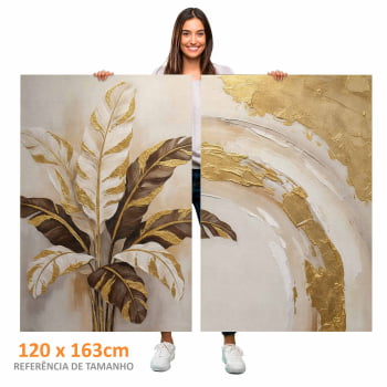 Kit 2 quadros retangulares -Duo Folhas de bananeira em Ouro