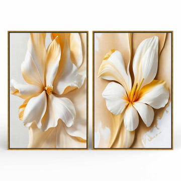 Kit 2 quadros retangulares - Flores brancas abstratas
