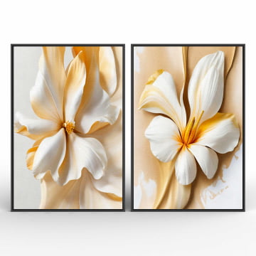 Kit 2 quadros retangulares - Flores brancas abstratas