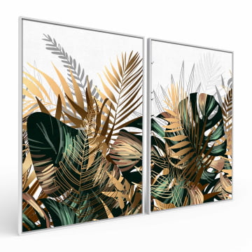 Kit 2 quadros retangulares - Folhagem tropical verde e dourada