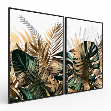 Kit 2 quadros retangulares - Folhagem tropical verde e dourada