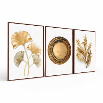 Kit 3 quadros retangulares - Flores e formas douradas em fundo branco