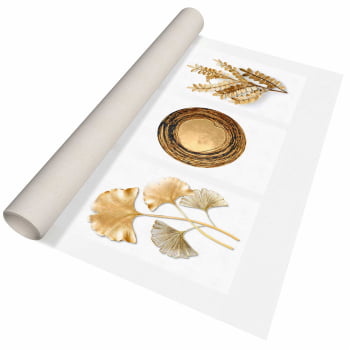 Kit 3 quadros retangulares - Flores e formas douradas em fundo branco