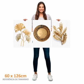 Kit 3 quadros retangulares - Flores e formas douradas em fundo branco