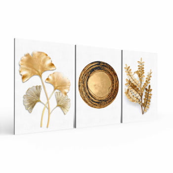 Kit 3 quadros retangulares - Flores e formas douradas em fundo branco