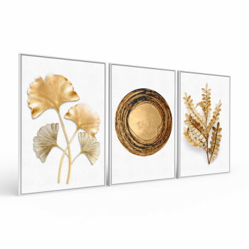 Kit 3 quadros retangulares - Flores e formas douradas em fundo branco