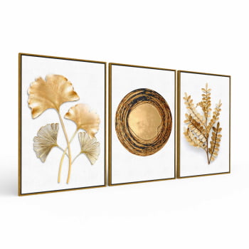 Kit 3 quadros retangulares - Flores e formas douradas em fundo branco