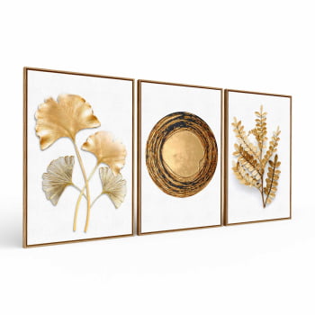 Kit 3 quadros retangulares - Flores e formas douradas em fundo branco