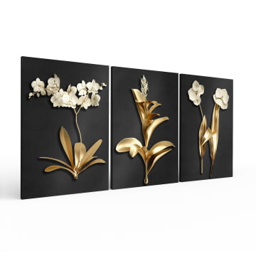 Kit 3 quadros retangulares - Flores Douradas Black