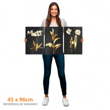 Kit 3 quadros retangulares - Flores Douradas Black