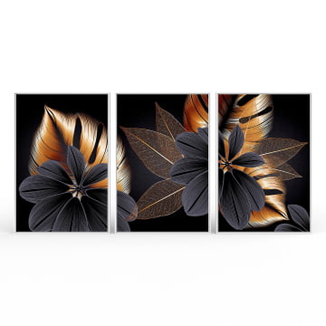 Kit 3 quadros retangulares - Flores negras e folhas douradas