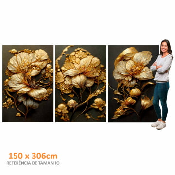Kit 3 Quadros Retangulares - Trio de Flores Abstratas Douradas