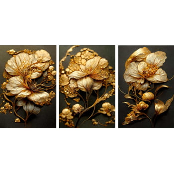 Kit 3 Quadros Retangulares - Trio de Flores Abstratas Douradas