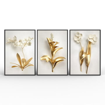 Kit 3 quadros retangulares - Trio de flores douradas