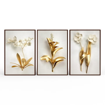 Kit 3 quadros retangulares - Trio de flores douradas