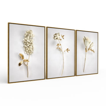 Kit 3 quadros retangulares - Trio de flores douradas 2