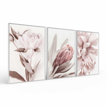 Kit 3 Quadros Retangulares - Trio de flores rosa pastel