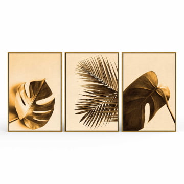 Kit 3 Quadros Retangulares - Trio de Folhas Douradas