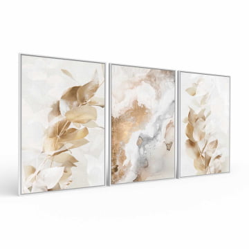 Kit 3 quadros retangulares - Trio Delicadas folhas douradas