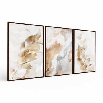 Kit 3 quadros retangulares - Trio Delicadas folhas douradas