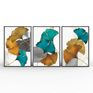 Kit 3 quadros retangulares - Trio folhas Ginkgo