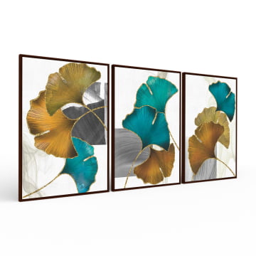 Kit 3 quadros retangulares - Trio folhas Ginkgo