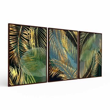 Kit 3 Quadros Retangulares - Trio Golden Palm Leaves