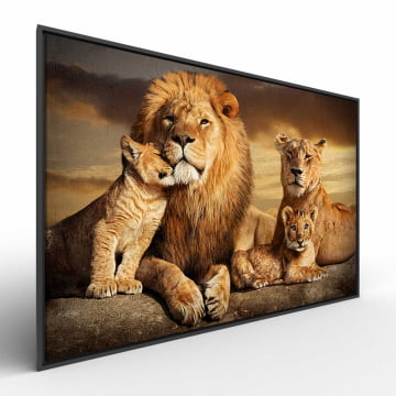 Quadro Retangular  - Família de leões com 2 filhotes
