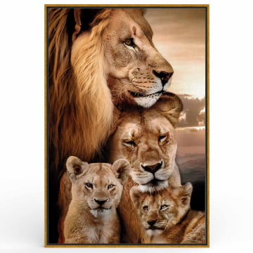 Quadro Retangular  - Retrato de uma família de leões com 2 filhotes