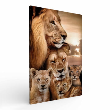 Quadro Retangular  - Retrato de uma família de leões com 3 filhotes