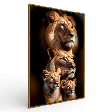 Quadro Retangular  - Retrato de uma familia de leões com dois filhotes