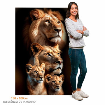 Quadro Retangular  - Retrato de uma familia de leões com dois filhotes